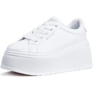 Lucky Step Women White Platform Low Top Classic Wedge Retro Canvas Sneakers